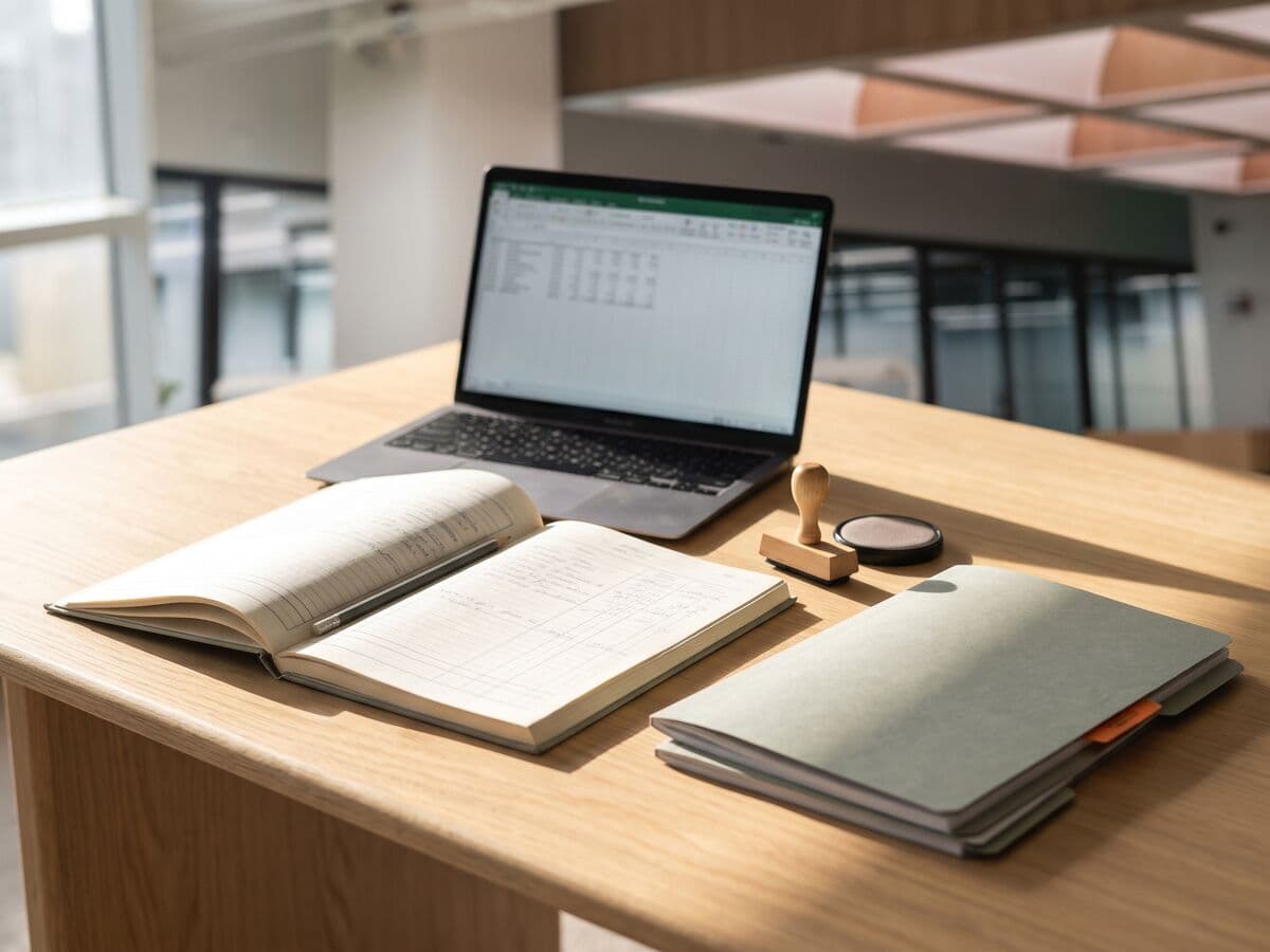 Escritorio de la oficina de Auditore: laptop con planilla, libro contable y carpetas